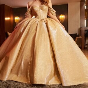 Gold Glitter Princess Ball Gown Quinceanera Dresses Off Shoulder Tull Corset Party Birthday Vestido De 15 Anos Sweet 16 Dress
