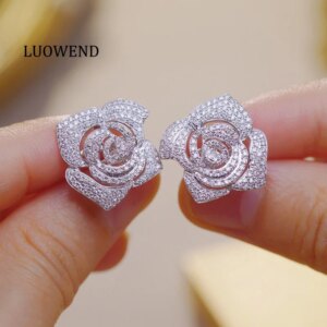 LUOWEND 100% 18K White Gold Earrings Luxury 1.20carat Real Natural Diamond Stud Earrings for Women Flower Shape Party Jewelry