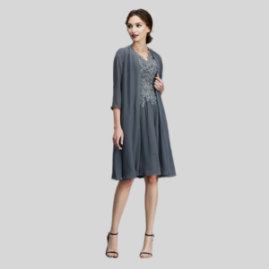 Gray Mother Of The Bride Dresses A-line Chiffon Appliques Beaded With Jacket Short Groom Mother Dresses For Wedding Customized