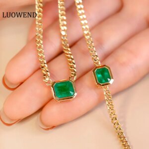 LUOWEND 100% 18K Yellow Gold Bracelet Cuban Chain Luxury Design Real Natural Emerald Bracelet&Necklace for Women Senior Banquet