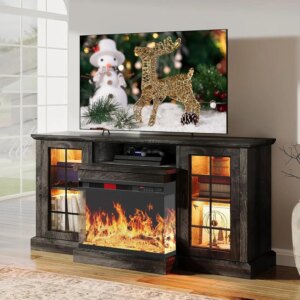 3 Sided Glass Media Entertainment Center Console Table for TVs up to 65” with Glass Door Adjustable Flame LED Color