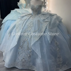Customized Gorgeous Sky Blue Princess Strapless Lace Applique Corset Prom Dresses Quinceanera Dress 15 16 Birthday Party Dress