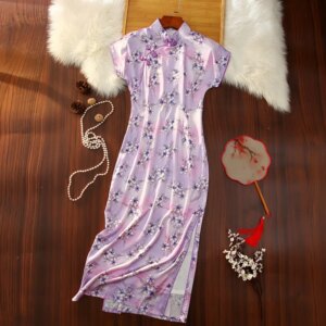 Spring and Summer New High Quality Real Silk Long Chinese Style Improved Cheongsam Qipao Ladies Dress