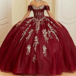 Red Shiny Princess Ball Gown Quinceanera Dresses Gold Lace Appliques Beads Tull Corset Birthday Party Sweet 16 Dress Vestidos De