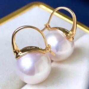 Super large AAAA 10-11mm natural white powder South China Sea round pearl earrings in 18k gold