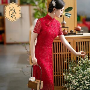 Red cheongsam women short-sleeved perspective lace evening dress oblique collar improved version high open