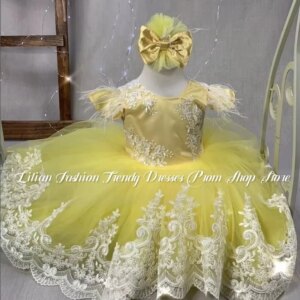 Yellow Fairytale Princess Flower Girl Dress Elegant Beaded Appliqué Tulle Birthday Party Customised ropa de niña
