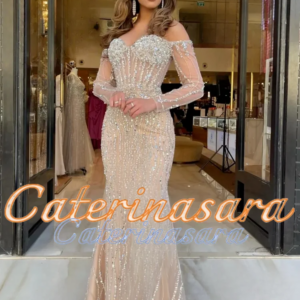 Sparkly Sequins Long Sleeves Mermaid Prom Dresses Off Shoulder Champagne Saudi Arabic Women Formal Wedding Party Evening Gowns