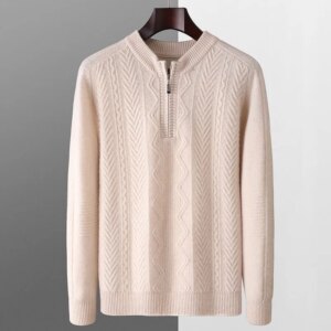 100% Wool Men’s Sweater Plus Size Men’s Pullover Half-length Zipper Outdoor Thickened Knit Sweater Men’s Fall/Winter 2024 New