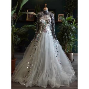 Luxury Crystals Evening Dresses Fashion High Collar Long Sleeves Prom Gowns Chic Chain Sequined A-Line Pageant Party Dresses