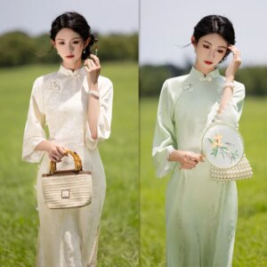 Fashion Improvement New Chinese Style Long Lace Single Layer Inverted Big Sleeve Cheongsam Qi Pao Autumn Daily Wearable