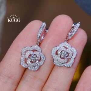 KUGG 18K White Gold Earrings Luxury Elegant Design Real Natural Diamond Hoop Earrings for Women Rose Shape High Party Jewelry