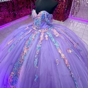 Lavender Quinceanera Dresses Appliques 3D Flower Beading Tull Off The Shoulder Party Dress Lace Up Court Train Ball Gown 2025