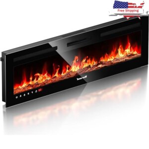 Electric Fireplace 60 Inch Adjustable Brightness Realistic Flame Heater Timer Remote Control Log Set Crystal Flames Safe