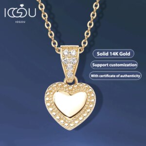 IOGOU Genuine 14K Gold Love Heart Pendant With Certificate Engagement Fine Jewelry 925 Silver Chain 1.3mm CZ Necklace for Women