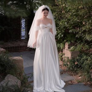 Customized Sweetheart Neck Simple Wedding Dress For Women Short Sleeves A Line Floor Length Bridal Gown Bridal Photoshoot Dress