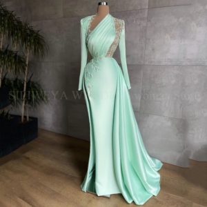 Gorgeous Long Sleeve Prom Dresses Mermaid Appliques Beading Floor Length High Side Split Pleat High Neck Evening Party Gowns