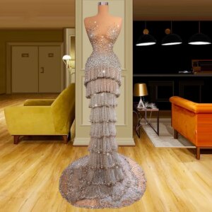 Sparkly Beaded Crystal Tulle Tiered Mermaid Evening Gowns Sexy Illusion See Through Pageant Event Prom DressParty Dresses