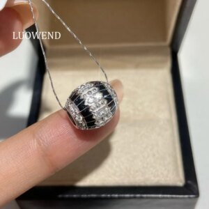 LUOWEND 100% 18K White Gold Pendant Fashion INS Style Elegant Black Enamel Necklace Pendant for Women High Party Jewelry