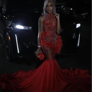 Customized Diamond Mermaid Prom Party Dresses Sheer Mesh Crystal Feather Evening Birthday Gowns Black Girl robes de soirée