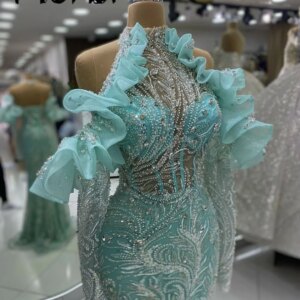 Customized Ruffles Off Shoulder Long Sleeve Evening Dress Luxury Mint Green Wedding Party Gown Customized Formal Prom Dress