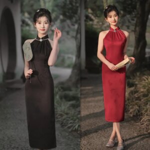 Halter Jacquard Strapless Sexy Long Sleeveless Cheongsam Qi Pao Spring New Fashion Girl
