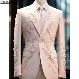 Pink Formal Men Business 3D Floral Lace Occasion Tuxedos Grooms Wedding Party Prom Male Suit 2 Piece Set Blazer Pants