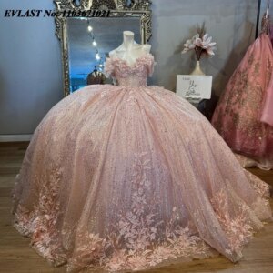 EVLAST Customized Blush Quinceanera Dress Ball Gown Applique Beaded Crystal Tiered Corset Sweet 16 Vestidos De 15 Anos SQ674