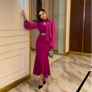 Customized Mermaid Sequin Tea-Length Prom Gowns Pleat V-neck Bow Jersey Evening Dresses Draped Party Dresses