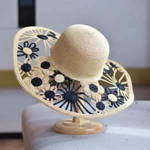 Handmade crocheted grass wide-brimmed hat children’s hollowed-out sun-protective vacation hat