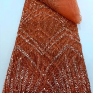 New African Fabric 2025最新 Luxury Handmade Bead Lace Fabric Orange Embroidered Lace Fabric High Quality Wedding Dress Q333-1
