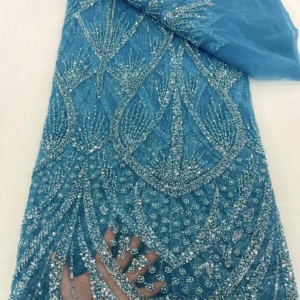 Luxury Sky Blue Sequins Tube Beads Lace Fabric For Wedding 2025 New Design French African Tulle Mesh Lace For Evening Dresses