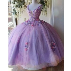 Lilac Shiny V-Neck Quinceanera Dressees Sleeves Pearls Beaded 3D Floral Tull Glitter Sweet 16 Years Old vestido 15