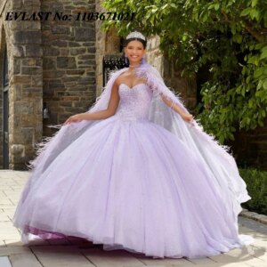 EVLAST Customized Lilac Quinceanera Dress Ball Gown Applique Beaded Crystal With Cape Corset Sweet 16 Vestidos De 15 Anos SQ547