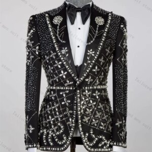 Luxury Groom Men Suits Pants Set 2 Pcs Crystals Blazer+Trousers Wedding Tuxedos Black Cotton Prom Jacket Formal One Button Coat