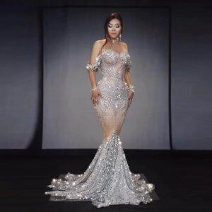 Customize Beaded Women Off Shoulder Sexy Mermaid Evening Dress Shinny Rhinestone High Neck Net Crystals Stage Party Mesh Dress