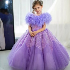 Luxury Feather Flower Girl Dresses Lavender Sequined Ball Gown Girl’s Birthday Party Gowns Kids Pageant Dress Customized