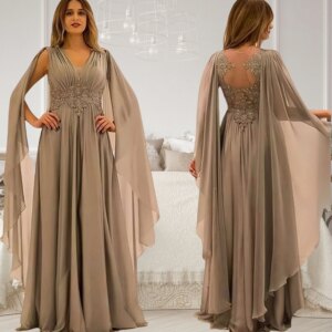 A-Line Mother of the Bride Dresses Elegant Dress Formal Wedding Guest Floor Length V Neck Chiffon with Pleats Beading 2024