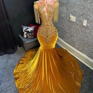 Gold Velvet Long Prom Dresses 2024 Luxury Black Girls Bead Rhinestones with Tassels Evening Party Birthday Gowns Graduation