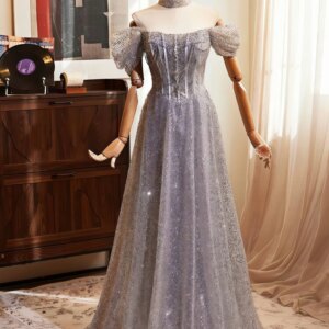 Extravagant Sequin Prom Gowns Elegant A-Line Short Sleeve Open Back Boat Collar Formal Occasion Party Celebrity Evening Dresses