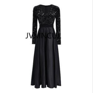 Shimmering Sequin V-Neck Long Sleeve High Waist Evening Gown for 2025 Party Events Dress