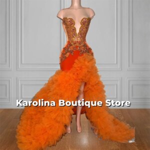 Orange Tulle Ruched High Split Prom Dresses Beaded Rhinestones Mermaid 2025 Birthday Luxury Dress African Blackgirls Customized