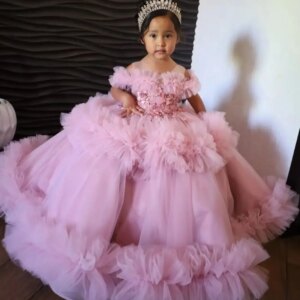 Luxury Pink Flower Girl Dress For Wedding Customized Puffy Ruffles Princess Ball Gown Kids Birthday Party Gowns