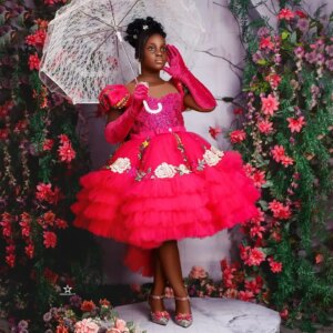 Red Floral Girl Pageant Dress Flower Girls Dresses for Wedding Ruffles Kids Lace Party Birthday Gowns for Photoshoot