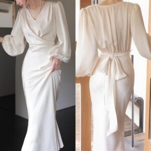 Customized  Fashion  Ivory  Satin Evening Dress Exquisite V-Neck Puff Sleeves Long Sleeves Mermaid Lace Up Back Cocktai