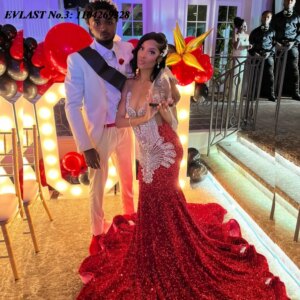 EVLAST Customized Shiny Red Sequins African Prom Dress For Black Girls Silver Diamonds Crystal Beaded Mermaid Party Gown E3P210