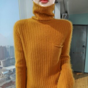 Luxury cashmere sweater for women, high-neck pullover, versatile off-shoulder design, pocket ribbed slimming base layer