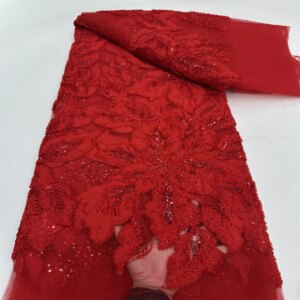 2025 New African French Nigerian High End Lace Fabric With Beads Sequins Mesh for Embroidery Wedding Party Bride Sewing Dress