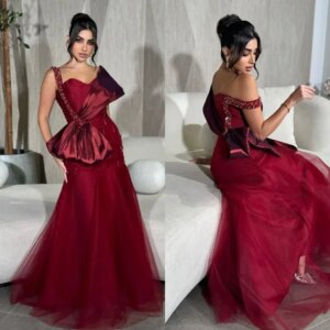 Customized Intricate Exquisite Jersey Beading Sequined Pleat Bow Mermaid Off-the-shoulder Long Dresses Bespoke Occasion Dresses