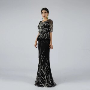 Elegant Evening Party Dress 2024 Beaded Rhinestone Summer Long Mermaid Gown Short Sleeve Luxury For Prom Party Wear MM59